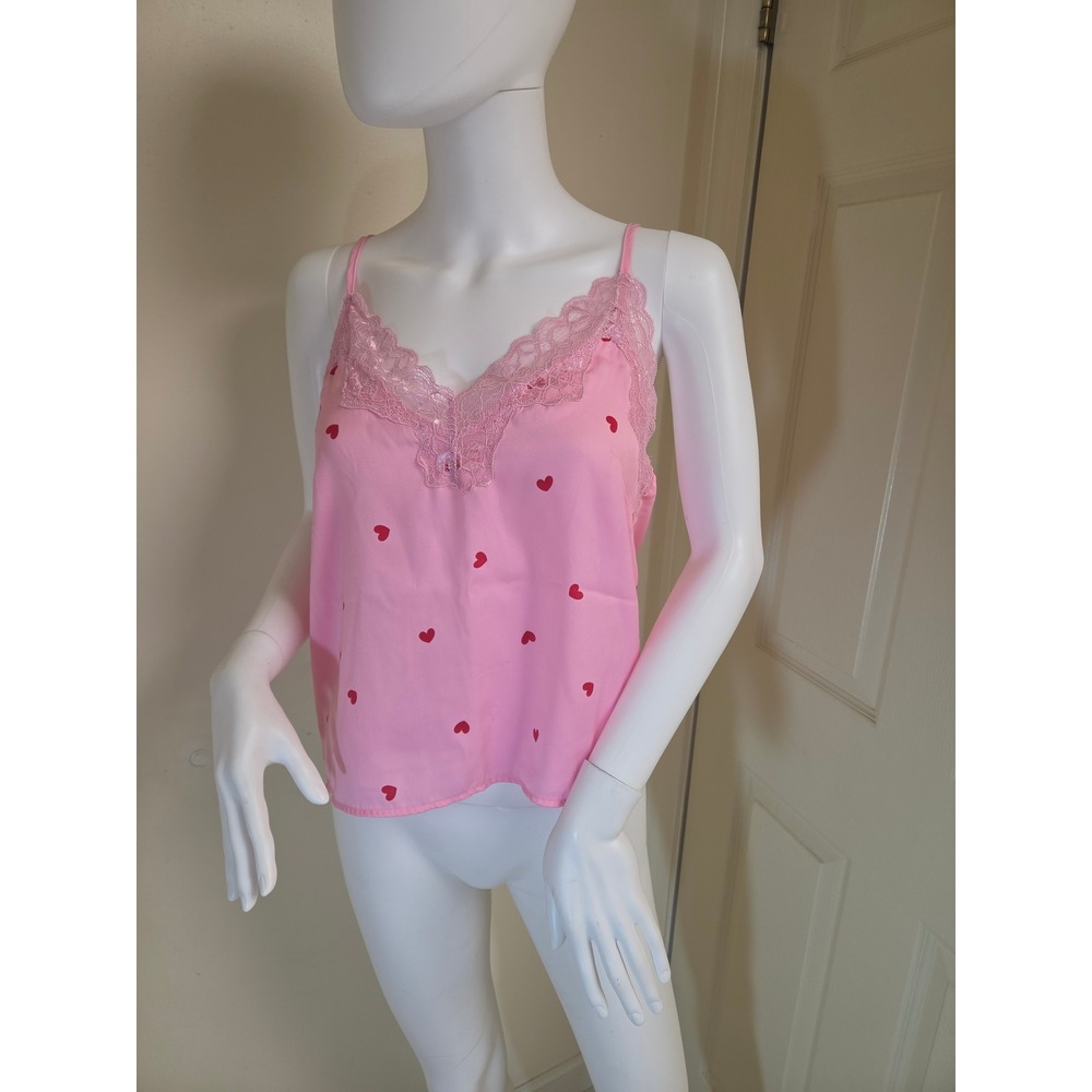 H&M Pink Heart Print Lace Trim Camisole Top Small Womens V-Neck Adjustable Strap